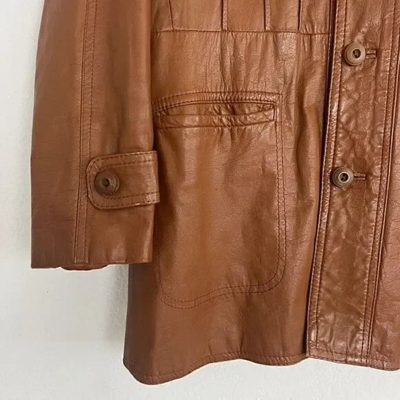 Vintage 70s Pampas Orange/Brown Leather Jacket Size 40 Button Up Mens Duster